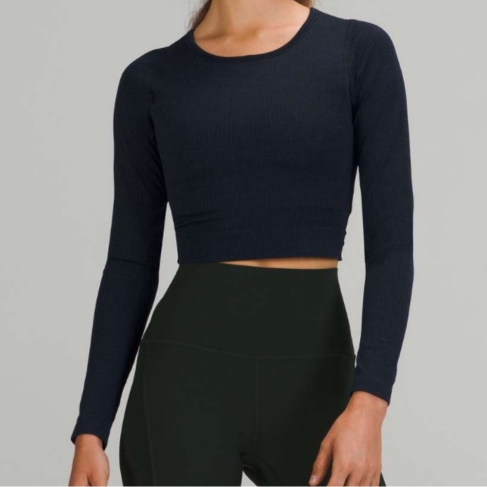 Lululemon Ebb to Street Ribbed Long Sleeve Cropped Tee 🖤 Black size 4 EUC!